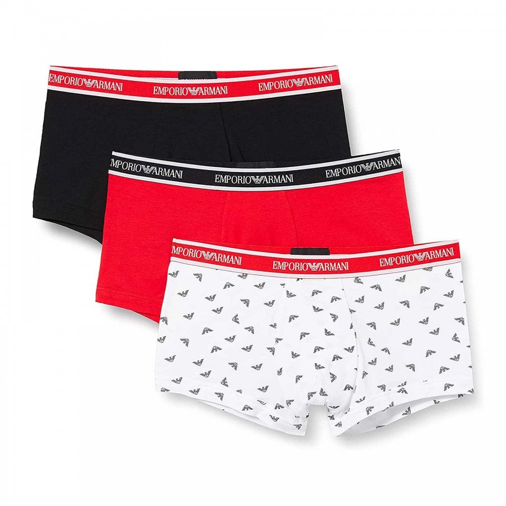 Emporio Armani - 3 - Pack Logoband Trunk, Black / White Print / Fire - Boxers - and - Briefs.net