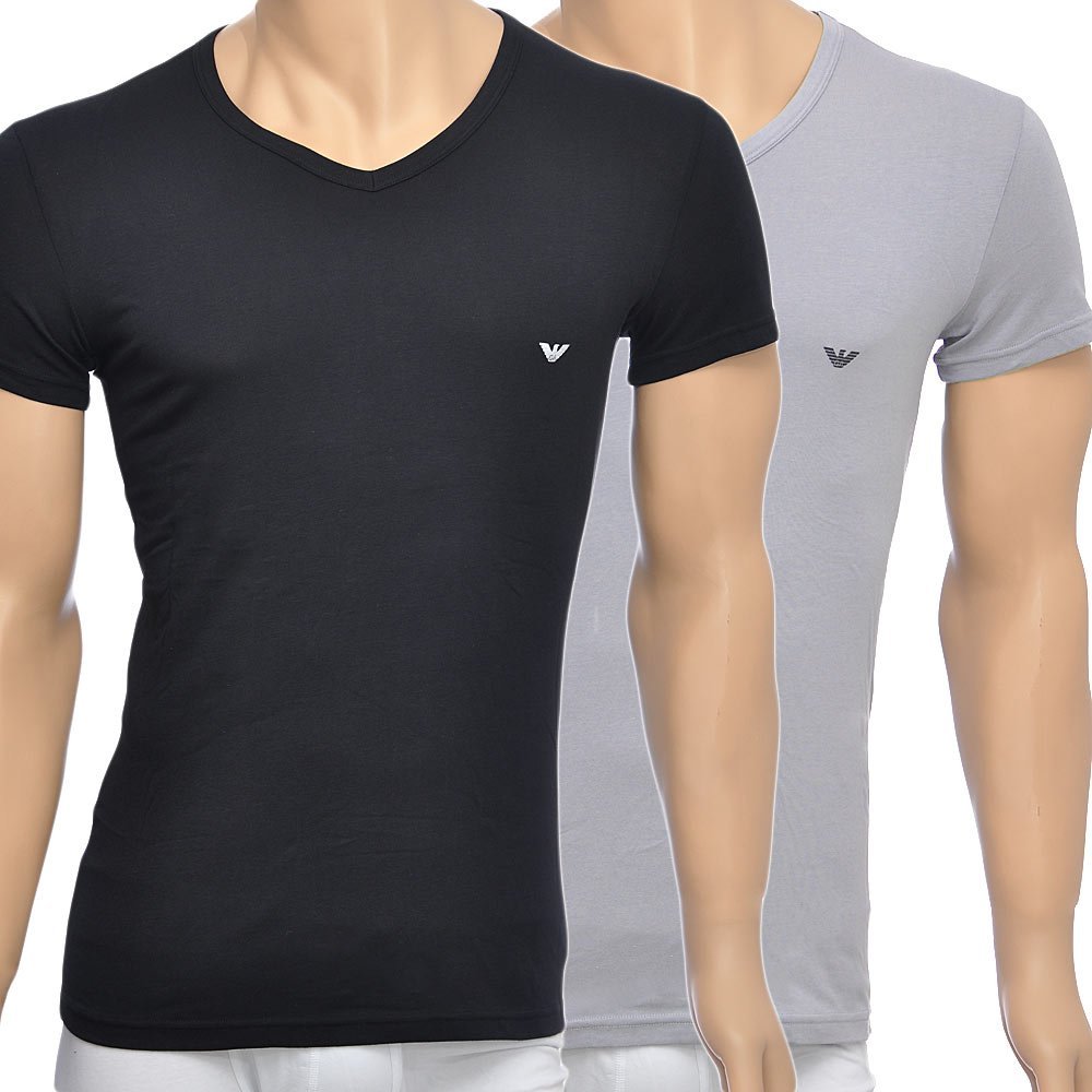 Emporio Armani - Bodywear 2 - Pack Stretch Cotton V - Neck T-shirt, Black/Grey - Boxers - and - Briefs.net