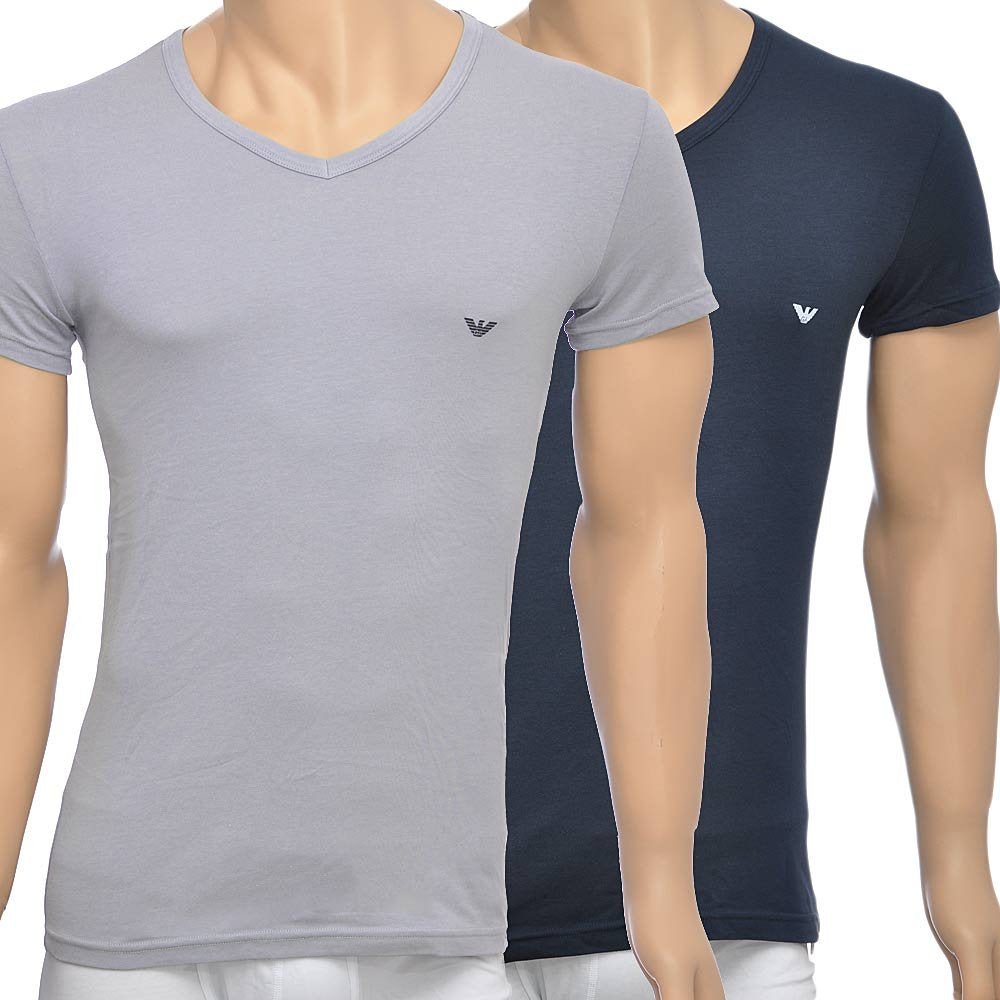 Emporio Armani - Bodywear 2 - Pack Stretch Cotton V - Neck T-shirt, Grey/Navy - Boxers - and - Briefs.net