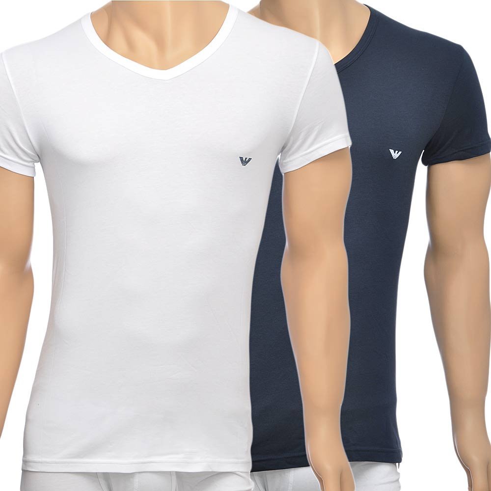 Emporio Armani - Bodywear 2 - Pack Stretch Cotton V - Neck T-shirt, White/Navy - Boxers - and - Briefs.net