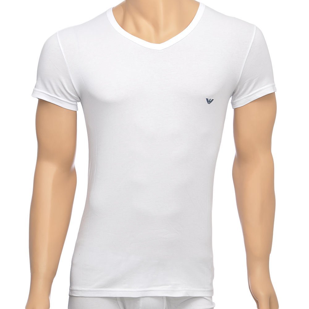 Emporio Armani - Bodywear 2 - Pack Stretch Cotton V - Neck T-shirt, White/Navy - Boxers - and - Briefs.net