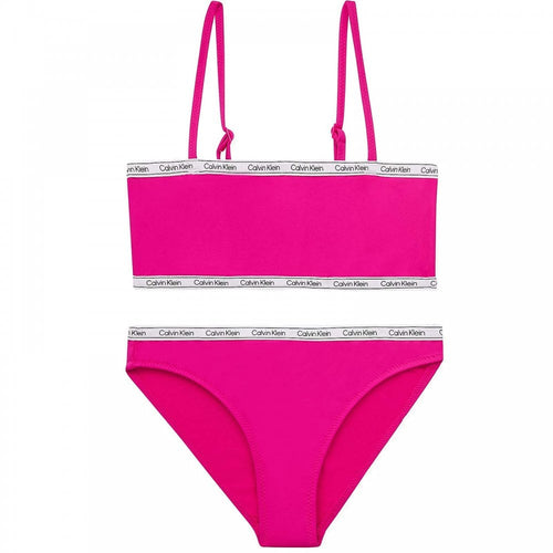 Girls Logo Tape Bralette Bikini Set, Royal Pink