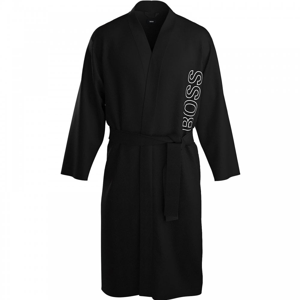 Heavy Cotton Dressing Gown with Outline Logo, Black