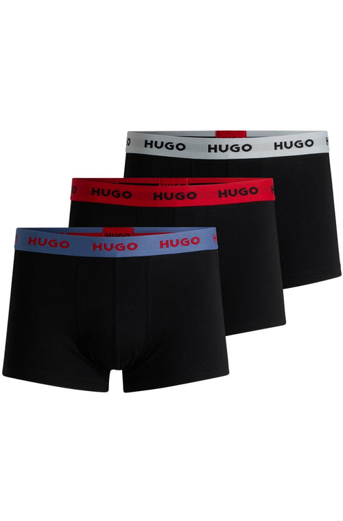 HUGOTrunks 3 - pack3 - Pack Contrast Waistband Boxer Trunks, Black w/ red/silver/blueBoxers - and - Briefs.net
