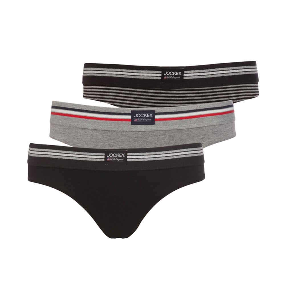 Cotton Stretch 3-Pack Bikini Briefs, Black / Black Stripe / Stone Grey