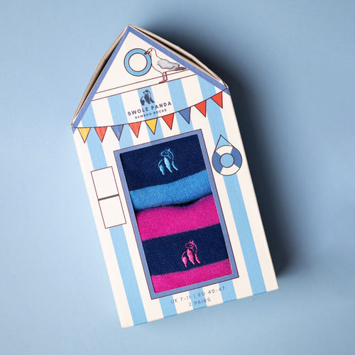 Swole PandaSocks 2 - pack2 - Pack Beach Hut Stripes Bamboo Socks Gift Box, Blue/PinkBoxers & Briefs