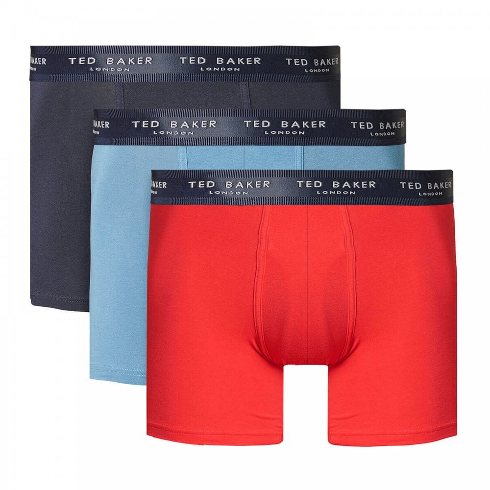 Lot de 3 boxers tendance en coton stretch, bleu marine/bleu égéen/litchi