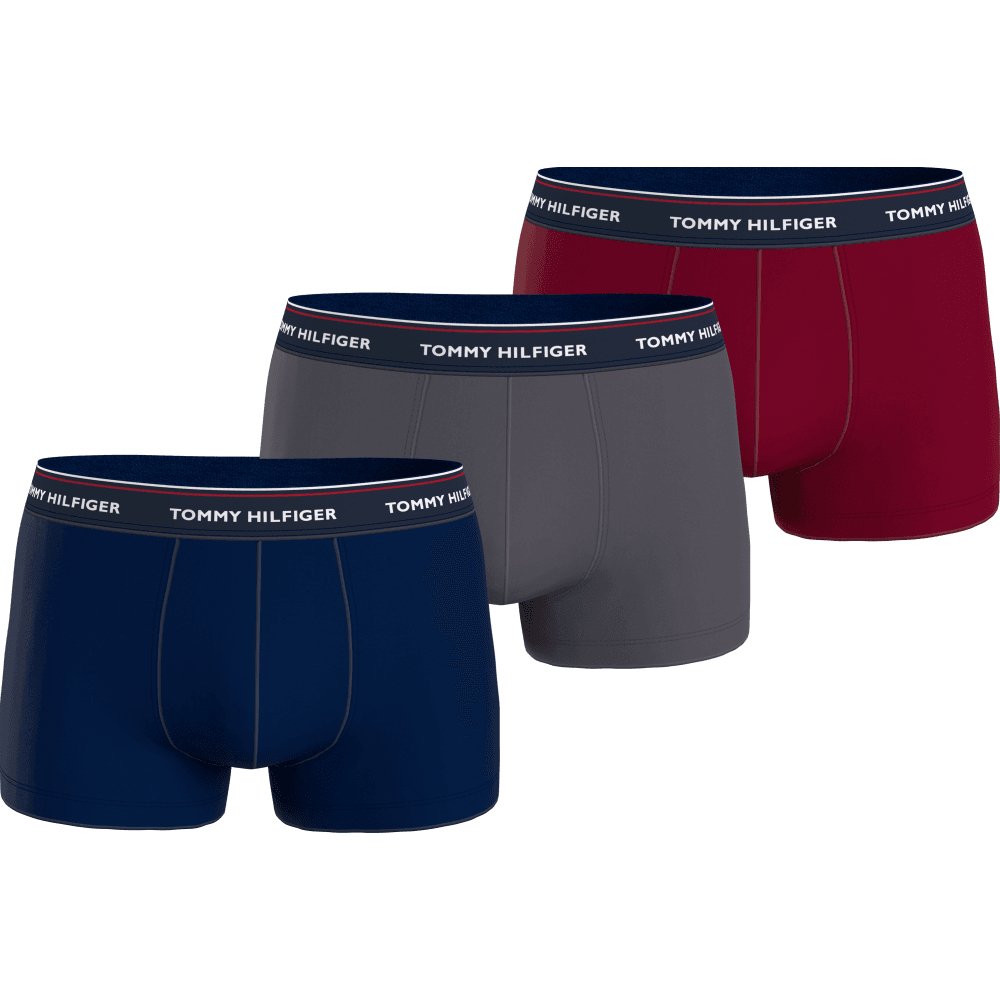 Tommy Hilfiger - 3 - Pack Premium Essentials Boxer Trunks, Navy/Grey/Burgundy - Boxers - and - Briefs.net