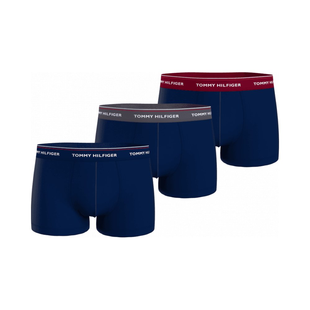 Tommy Hilfiger - 3 - Pack Premium Essentials Boxer Trunks, Navy w/ grey/rouge - Boxers - and - Briefs.net