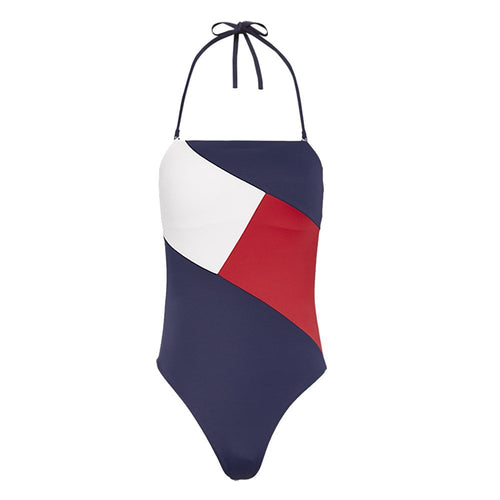 Maillot de bain une pièce bandeau colour-block, blazer bleu marine