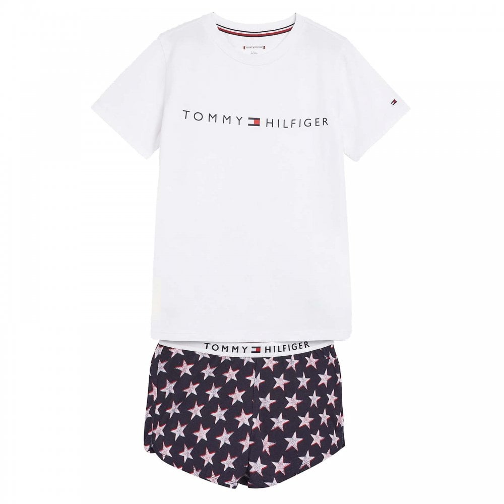 Girls Original Short Print Pyjama Set, Offset Stars/White