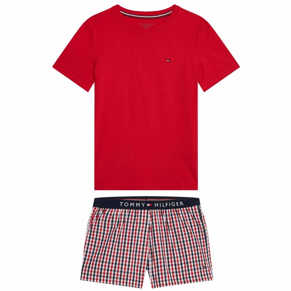 Kurzes Pyjama-Set für Mädchen, gewebtes Karomuster in Primärrot und Gingham