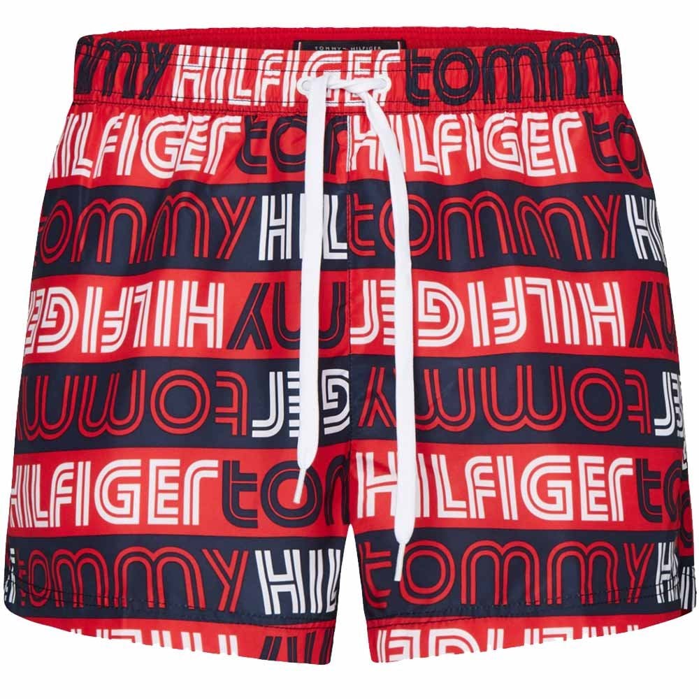 Medium Drawstring Print Swim Shorts, Logo Pop AOP - Red Glare