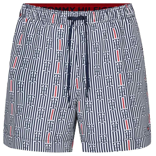 Medium Drawstring Print Swim Shorts, Logo STR - White