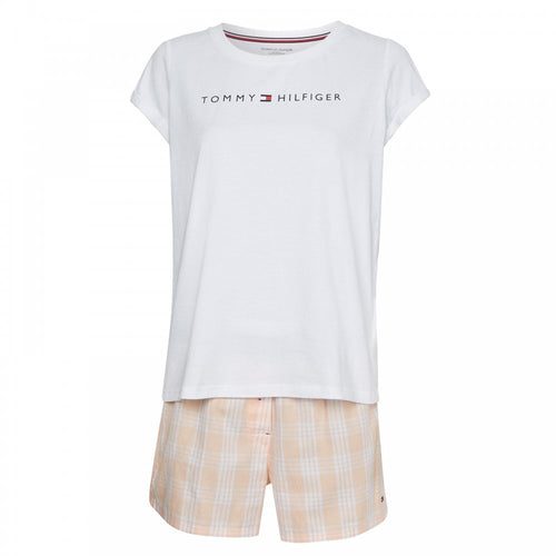 Kurzärmliges gewebtes Shorts-Set für Damen Weiß, Palaka Plaid